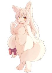 Rule 34 | 1girl, animal ears, blush, bow, breasts, brown eyes, cleft of venus, female focus, fox ears, fox girl, fox shadow puppet, fox tail, full body, furry, furry female, hair bow, large breasts, long hair, looking at viewer, matsuu (akiomoi), multiple tails, navel, nude, open mouth, original, plump, pussy, sidelocks, simple background, solo, standing, tail, tail bow, tail ornament, white background, white hair