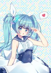 Rule 34 | 1girl, :o, black corset, blue archive, blue eyes, chami (charming621), commentary, corset, dress, english commentary, hair ribbon, hatsune miku, heart, highres, long hair, open mouth, ribbon, salute, smile, solo, speech bubble, spoken heart, twintails, vocaloid, white dress, white ribbon