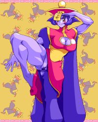Rule 34 | 1girl, blue skin, blush, capcom, china dress, chinese clothes, chun-li, cleavage cutout, clothing cutout, colored skin, dress, female pubic hair, jiangshi, lei lei, no panties, ofuda, parody, pc-98 (style), pubic hair, purple hair, purple skin, pussy, qkat (arikawa-dou), solo, standing, standing on one leg, street fighter, thick thighs, thighs, uncensored, vampire (game), yellow eyes