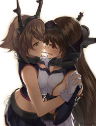 Rule 34 | 10s, 2girls, black gloves, black hair, blush, breast press, breasts, brown hair, cleavage, elbow gloves, fingerless gloves, food, from above, gloves, green eyes, headgear, holding hands, interlocked fingers, kabocha, kabocha (monkey4), kantai collection, large breasts, long hair, midriff, multiple girls, mutsu (kancolle), nagato (kancolle), pleated skirt, pocky, pocky kiss, red eyes, shared food, short hair, sideboob, simple background, skirt, sweat, symmetrical docking, twitter username, very long hair, white gloves, yuri