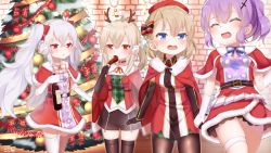 Rule 34 | 4girls, :d, ^ ^, alternate costume, antlers, ayanami (azur lane), azur lane, beret, black gloves, black shorts, blue eyes, blush, bottle, bow, breasts, brick wall, brown legwear, cape, capelet, christmas, christmas ornaments, christmas tree, closed eyes, commentary request, dress, earmuffs, eating, elbow gloves, food, fur-trimmed cape, fur-trimmed capelet, fur-trimmed dress, fur-trimmed skirt, fur trim, garter straps, gloves, hair between eyes, hair bow, hair ornament, hat, high ponytail, holding, holding bottle, holding food, holding hands, horns, javelin (azur lane), kokone (coconeeeco), laffey (azur lane), light brown hair, long hair, looking at another, medium breasts, multiple girls, open mouth, pantyhose, ponytail, purple hair, red bow, red cape, red capelet, red dress, red hat, red shirt, red skirt, reindeer antlers, santa costume, shirt, short shorts, shorts, skirt, smile, snowflake hair ornament, striped, striped bow, thigh strap, thighhighs, twintails, very long hair, white gloves, white legwear, z23 (azur lane)