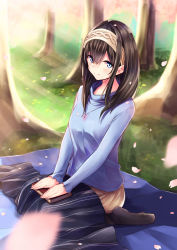 Rule 34 | 1girl, absurdres, black hair, blanket, blue eyes, blush, book, breasts, cherry blossoms, commentary request, forest, grass, hairband, highres, holding, holding book, idolmaster, idolmaster cinderella girls, jewelry, long hair, long sleeves, looking at viewer, medium breasts, megurumiru, nature, necklace, pantyhose, pendant, sagisawa fumika, seiza, shawl, sitting, smile, solo, sweater, tree