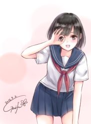 Rule 34 | 1girl, arm up, artist name, black hair, blue skirt, blunt bangs, bob cut, brown eyes, commentary, dated, eyebrows, gradient background, gurifu, leaning forward, neckerchief, ok sign, ok sign over eye, open mouth, original, pink background, pleated skirt, school uniform, serafuku, short hair, signature, simple background, skirt, smile, solo, thighs, white background