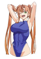 Rule 34 | 1girl, absurdres, anchor symbol, armpits, arms behind head, arms up, bad id, bad pixiv id, brown hair, character request, collarbone, covered collarbone, covered erect nipples, fang, green eyes, highres, last origin, long hair, nereid (last origin), one eye closed, open mouth, scemonkey, simple background, skindentation, smile, solo, teeth, tongue, turtleneck, twintails, upper teeth only, white background