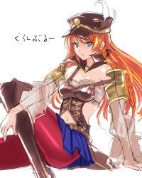 Rule 34 | 1girl, blue eyes, boots, braid, breasts, character request, hat, high collar, highres, knee boots, long hair, miniskirt, orange hair, pantyhose, peaked cap, red pantyhose, side braid, simple background, sitting, skirt, small breasts, solo, tetsu (kimuchi), uniform