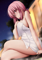 Rule 34 | 1girl, arm support, bare arms, bare shoulders, blurry, blurry background, blush, breasts, commentary request, crossed legs, feet out of frame, hair between eyes, hand up, head tilt, highres, large breasts, looking at viewer, low ponytail, naked towel, night, night sky, no headwear, nori tamago, nose blush, onsen, outdoors, parted lips, pink hair, red eyes, revision, rock, saigyouji yuyuko, short hair, sidelocks, sitting, sky, solo, steam, sweat, thighs, touhou, towel, tree