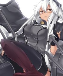 Rule 34 | 1girl, absurdres, black gloves, boots, breasts, brown eyes, buttons, dark-skinned female, dark skin, fingerless gloves, garter straps, glasses, gloves, grey jacket, grey thighhighs, headgear, highres, impossible clothes, jacket, kantai collection, kiritto, large breasts, long hair, looking at viewer, musashi (kancolle), musashi kai ni (kancolle), rigging, silver hair, simple background, smirk, solo, thigh boots, thighhighs, turret, white background