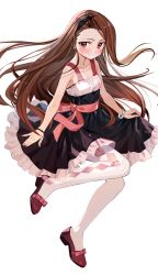 Rule 34 | 1girl, argyle, argyle clothes, argyle legwear, bangle, bare shoulders, black hairband, blush, bow, bracelet, brown hair, collarbone, dress, footwear bow, full body, hairband, highres, idolmaster, idolmaster (classic), jewelry, long hair, looking at viewer, luicent, mary janes, minase iori, nail polish, pink eyes, pink nails, shoes, simple background, skirt hold, sleeveless, sleeveless dress, smile, solo, thighhighs, waist bow, white background, white thighhighs