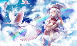 Rule 34 | 1girl, bird, bow, cloud, collar, crested ibis, cuffs, facing away, flock, frills, hands on legs, hat, hollow song of birds, looking away, midair, multicolored hair, pink skirt, rainbow, shirt, shoes, short hair, short sleeves, skirt, sky, smile, socks, solo, star (sky), tailcoat, torisumi horou, white hair, wings, yellow eyes