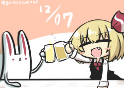 Rule 34 | 1girl, :x, absurdres, artist self-insert, beer mug, black vest, blonde hair, blush stickers, chibi, commentary request, cup, dated, fang, goma (gomasamune), hair ribbon, highres, long sleeves, mug, necktie, open mouth, rabbit, ribbon, rumia, short hair, smile, toasting (gesture), touhou, twitter username, vest