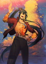 Rule 34 | 1boy, abs, alternate hairstyle, black hair, black male swimwear, cloud, cloudy sky, commentary request, dragon tattoo, fate/grand order, fate (series), feet out of frame, flower tattoo, full-body tattoo, green eyes, hair between eyes, hand on own hip, hand up, highres, jacket, jewelry, long hair, looking at viewer, male focus, male swimwear, necklace, official alternate costume, open mouth, pearl necklace, ponytail, red jacket, sky, smile, solo, swim trunks, swimsuit, tansaninryou, tattoo, teeth, toned, toned male, topless male, very long hair, yan qing (fate), yin yang
