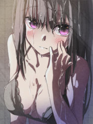Rule 34 | 1girl, absurdres, bare arms, black bra, black hair, blurry, blush, bra, breasts, closed mouth, collarbone, depth of field, hand on own face, highres, inoue takina, k.gj, large breasts, looking at viewer, lycoris recoil, purple eyes, sidelocks, soaking arms, soaking hands, solo, underwear, upper body, wet, wet bra, wet hair