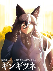 Rule 34 | 1girl, animal ears, bow, bowtie, extra ears, fox ears, fox girl, fox tail, glasses, gloves, grey hair, highres, jacket, kemono friends, long hair, looking at viewer, necktie, outdoors, shirt, silver fox (kemono friends), solo, tail, tj minako, translation request, yellow eyes