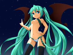 Rule 34 | 1girl, aqua eyes, barokkusu, breasts, demon wings, fang, green hair, hair ribbon, hand on own hip, hatsune miku, hip focus, long hair, navel, night, night sky, panties, pointing, ribbon, sky, small breasts, smile, solo, striped clothes, striped panties, thighhighs, twintails, underwear, very long hair, vocaloid, wings