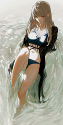 1girl absurdres bare_shoulders bikini blue_bikini blue_ribbon breasts brown_hair cleavage closed_mouth dripping eyelashes highres honnryou_hanaru light_brown_hair long_eyelashes long_hair navel original painterly pink_eyes ribbon single_bare_shoulder solo swimsuit tongue tongue_out water wet