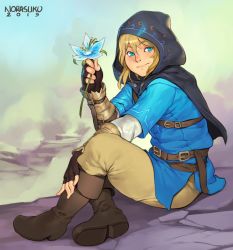 Rule 34 | 1boy, belt, blonde hair, blue eyes, blue shirt, boots, flower, highres, hood, link, looking at viewer, making-of available, nintendo, norasuko, shirt, silent princess, sitting, the legend of zelda, the legend of zelda: breath of the wild, tunic