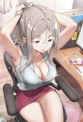 Rule 34 | 1girl, armpits, arms up, bare arms, breasts, buttons, chair, cleavage, closed eyes, collared shirt, commentary request, glasses, grey hair, grey shirt, hair tie in mouth, highres, large breasts, miniskirt, monitor, mouth hold, office chair, original, panties, panty peek, pencil, pencil skirt, phone, ponytail, red skirt, shirt, sitting, skirt, sleeveless, sleeveless shirt, solo, swivel chair, tying hair, underwear, wet.elephant, white panties