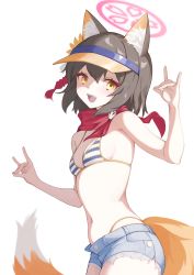 Rule 34 | 1girl, :d, absurdres, animal ear fluff, animal ears, armpit crease, bare arms, bare shoulders, bikini, black hair, blue archive, blue shorts, breasts, cowboy shot, cutoffs, denim, denim shorts, double fox shadow puppet, ellu, fox ears, fox girl, fox shadow puppet, fox tail, halo, halterneck, highleg, highres, izuna (blue archive), izuna (swimsuit) (blue archive), looking at viewer, micro shorts, navel, official alternate costume, open fly, open mouth, scarf, short hair, short shorts, shorts, simple background, small breasts, smile, solo, stomach, string bikini, striped bikini, striped clothes, swimsuit, tail, visor cap, white background, yellow eyes