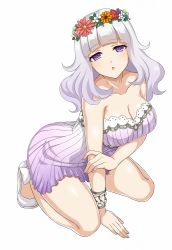 Rule 34 | 1girl, :o, bare shoulders, blunt bangs, blush, bracelet, breasts, cle masahiro, cleavage, dress, eyebrows, female focus, flower, full body, hair flower, hair ornament, head wreath, high heels, hime cut, jewelry, large breasts, looking at viewer, official art, open mouth, pumps, purple eyes, short dress, silver hair, simple background, solo, squatting, strapless, strapless dress, tomoe yuuka, valkyrie drive, valkyrie drive -siren-, white background, wreath
