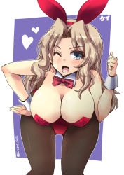 Rule 34 | 10s, 1girl, alternate costume, animal ears, black pantyhose, blonde hair, blue eyes, bow, bowtie, breasts, cleavage, detached collar, fishnet pantyhose, fishnets, girls und panzer, kay (girls und panzer), large breasts, leotard, long hair, one eye closed, open mouth, pantyhose, playboy bunny, shinshin, smile, solo, wrist cuffs