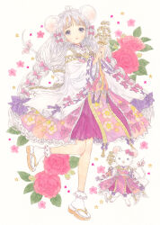 Rule 34 | 1girl, ahoge, bell, bow, braid, cape, clamp (circle) (style), dress, flower, frills, grey eyes, heel up, highres, holding, hydrangea, japanese clothes, jingle bell, jingle stick, leaf, long hair, long sleeves, looking at viewer, miko, mouse (animal), mouse girl, mouse tail, multicolored clothes, multicolored dress, original, painting (medium), parted lips, pink bow, pink dress, pink flower, purple bow, sandals, simple background, socks, standing, standing on one leg, tail, takanashi tsubasa, traditional media, twin braids, twintails, watercolor (medium), white background, white cape, white hair, white socks