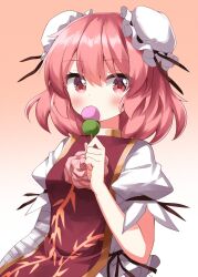 Rule 34 | 1girl, bandaged arm, bandages, blush, bun cover, commentary request, double bun, eating, flower, food, gradient background, hair bun, highres, ibaraki kasen, medium hair, pink background, pink flower, pink hair, pink rose, puffy short sleeves, puffy sleeves, red eyes, red tabard, rose, ruu (tksymkw), shirt, short sleeves, simple background, solo, tabard, touhou, wagashi, white shirt