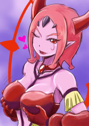 Rule 34 | 1girl, benigio, breasts, colored skin, demon girl, female focus, highres, horns, large breasts, mahou girls precure!, parted lips, pink hair, pink skin, pointy ears, precure, red eyes, short hair, solo, tail, upper body