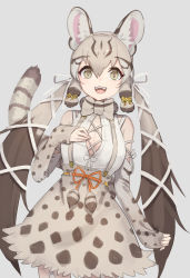 Rule 34 | animal ears, animal print, bare shoulders, blonde hair, bow, bowtie, brown hair, cat ears, cat girl, cat print, cat tail, cowboy shot, detached sleeves, don3, geoffroy&#039;s cat (kemono friends), green eyes, hair bow, hair tie, high-waist skirt, kemono friends, kemono friends v project, long hair, print bow, print bowtie, print skirt, print sleeves, shirt, skirt, sleeveless, sleeves past wrists, tail, twintails, virtual youtuber, white bow, white shirt