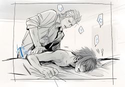 Rule 34 | 2boys, anal, bed, blush, final fantasy, final fantasy xv, greyscale, male focus, male penetrated, monochrome, multiple boys, sex, undressing, wince, yaoi