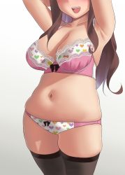 Rule 34 | 1girl, :d, armpits, black thighhighs, blush, bow, bow bra, bow panties, bra, breasts, brown hair, cleavage, commentary, cowboy shot, crotch seam, facing viewer, gradient background, grey background, head out of frame, heart, heart bra, heart panties, heart print, highres, lace, lace-trimmed bra, lace trim, large breasts, light blush, long hair, open mouth, original, panties, pink bra, pink panties, plump, print bra, print panties, ryokucha michi, simple background, skindentation, smile, solo, standing, thighhighs, thighs, underwear, underwear only