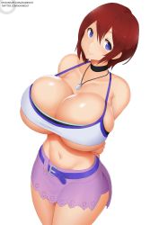 Rule 34 | 1girl, absurdres, arms behind back, artist name, belt, blue eyes, blush, breasts, brown hair, bursting breasts, choker, cleavage, cowboy shot, disney, female focus, highres, huge breasts, jewelry, kainkout, kairi (kingdom hearts), kingdom hearts, kingdom hearts i, looking at viewer, midriff, miniskirt, navel, necklace, purple eyes, red hair, shiny skin, short hair, simple background, skindentation, skirt, smile, solo, square enix, standing, tank top, thighs, underboob, white background
