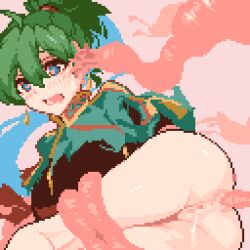 Rule 34 | 1girl, 1other, anal, animated, animated gif, ass, blue eyes, bound, captured, censored, fire emblem, fire emblem: the blazing blade, green hair, heart, heart-shaped pupils, looking back, looping animation, lyn (fire emblem), mind control, momiahair, monster, nintendo, pink background, pixel art, pussy, pussy juice, rape, simple background, solo focus, symbol-shaped pupils, tentacles, torn clothes
