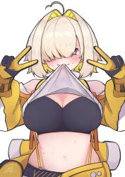Rule 34 | ahoge, ayakabu, black gloves, black sports bra, blonde hair, blush, breasts, cleavage, clothes lift, clothing cutout, crop top, cropped sweater, double v, elegg (nikke), gloves, goddess of victory: nikke, hair intakes, hair over eyes, highres, large breasts, long bangs, long sleeves, micro shorts, multicolored clothes, multicolored gloves, multicolored hair, navel, purple eyes, short hair, shorts, shoulder cutout, simple background, sports bra, suspender shorts, suspenders, sweat, two-tone hair, v, yellow gloves