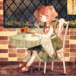 Rule 34 | 1girl, bad id, bad twitter id, bell, blush, brick wall, chair, checkered clothes, checkered kimono, eating, flower, food, full body, hair bell, hair ornament, hakama, hakama short skirt, hakama skirt, ice cream, japanese clothes, kimono, long sleeves, looking at viewer, mary janes, meiji schoolgirl uniform, motoori kosuzu, open mouth, orange hair, outdoors, pleated skirt, red eyes, see-through, shoes, sitting, skirt, socks, solo, spoon, stack bond, sundae, table, tablecloth, touhou, twintails, two side up, vase, vest, white socks, wide sleeves, window, yujup