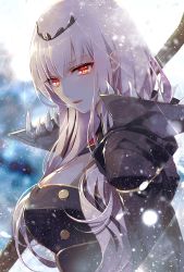 Rule 34 | 1girl, bad id, bad twitter id, black cloak, black dress, breasts, cloak, commentary, dress, english commentary, hololive, hololive english, large breasts, light particles, long hair, looking at viewer, mamaloni, mori calliope, parted lips, pink hair, red eyes, scythe, snow, snowing, solo, spikes, straight hair, tiara, upper body, veil, virtual youtuber