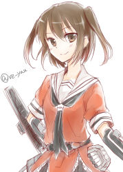 Rule 34 | 10s, 1girl, brown eyes, brown hair, gloves, kantai collection, looking at viewer, sailor collar, sendai (kancolle), shimoku reyu, short hair, smile, solo, twintails, twitter username, two side up, white background