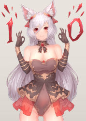 Rule 34 | 1girl, animal ear fluff, animal ears, bad id, bad pixiv id, bare shoulders, black gloves, blush, breasts, brooch, cat ears, cat girl, cleavage, closed mouth, collarbone, covered navel, cowboy shot, detached collar, double ok sign, elbow gloves, eyelashes, gloves, green eyes, grey background, hair between eyes, headgear, highleg, highleg leotard, highres, jewelry, king&#039;s raid, kirze, large breasts, leotard, long hair, looking at viewer, ok sign, red eyes, see-through, see-through skirt, showgirl skirt, silver hair, simple background, skirt, solo, strapless, strapless leotard, white background, white gloves, yu mochi (kamiinu)
