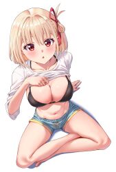 Rule 34 | 1girl, :o, arm support, bare legs, barefoot, bikini, bikini top only, bikini under clothes, black bikini, blonde hair, blue shorts, blush, breasts, cleavage, clothes lift, collarbone, commentary request, drawstring, from above, hair ribbon, halterneck, hand up, highres, holding, indian style, kadokadokado, large breasts, lifting own clothes, looking at viewer, lycoris recoil, navel, nishikigi chisato, one side up, parted lips, red eyes, red ribbon, ribbon, shirt, shirt lift, short shorts, short sleeves, shorts, simple background, sitting, solo, stomach, swimsuit, thighs, two-tone shorts, white background, white shirt