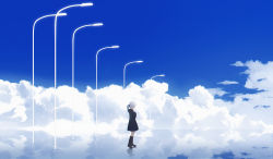 Rule 34 | 1girl, absurdres, boots, cloud, day, hands on own chest, highres, laluna, lamppost, long hair, on cloud, original, ponytail, profile, sky, solo, white hair