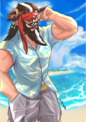 Rule 34 | 1boy, absurdres, beard, blue shirt, blue sky, blurry, blurry background, brown eyes, brown horns, day, draph, facial hair, glasses, granblue fantasy, grey pants, hair ornament, hand up, hawaiian shirt, headband, highres, horns, kuma (shungong), long beard, looking at viewer, male focus, multicolored hair, muscular, mustache, official alternate costume, one eye closed, open mouth, outdoors, pants, red headband, redluck, shirt, sky, solo, two-tone hair