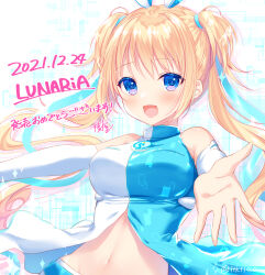 Rule 34 | 1girl, 2021, :d, aqua ribbon, bare shoulders, blonde hair, blue background, blue eyes, blush, breasts, colored eyelashes, commentary request, dated, detached sleeves, eyelashes, floating clothes, floating hair, hair between eyes, hair ribbon, happy, highres, itsuki jun, large breasts, long hair, long sleeves, looking at viewer, lunar-q, lunaria -virtualized moonchild-, navel, open hand, open mouth, outstretched arms, ribbon, shikishi, signature, simple background, smile, sparkle, translation request, twintails, twitter username, two-tone background, upper body, very long hair, white background, white sleeves