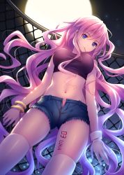 Rule 34 | 1girl, blue eyes, bracelet, breasts, character name, crop top, cutoffs, denim, denim shorts, full moon, highres, jewelry, long hair, looking at viewer, megurine luka, midriff, moon, mouth hold, navel, night, open fly, pink hair, shiny skin, shirt, short shorts, shorts, skindentation, solo, taut clothes, taut shirt, thighs, tidsean, unzipped, very long hair, vocaloid