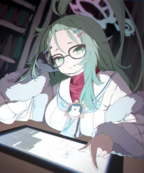 Rule 34 | 1girl, ahoge, bangs pinned back, black-framed eyewear, black gloves, blue archive, blue neckerchief, bookshelf, breasts, closed mouth, fur-trimmed sleeves, fur trim, glasses, gloves, green eyes, green hair, hair ornament, hairclip, halo, highres, huge ahoge, indoors, long hair, long sleeves, medium breasts, meru (blue archive), neckerchief, print neckerchief, purple halo, red sweater, ribbed sweater, sailor collar, single glove, soeyumi, solo, sweater, tablet pc, upper body, white sailor collar, wide sleeves