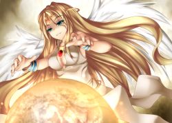Rule 34 | 1girl, angel, angel wings, aqua eyes, blonde hair, blue eyes, breasts, cleavage, cleavage cutout, clothing cutout, crystal ball, feathered wings, feathers, female focus, fi-san, grin, highres, ilias, impossible clothes, jewelry, long hair, lots of jewelry, mon-musu quest!, no panties, pussy, smile, solo, spoilers, tiara, uncensored, underwear, very long hair, white wings, wings