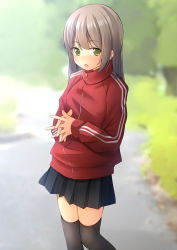 Rule 34 | 1girl, black skirt, black thighhighs, blurry, blurry background, blush, breath, brown hair, commentary request, day, depth of field, feet out of frame, green eyes, highres, interlocked fingers, jacket, long hair, long sleeves, looking at viewer, open mouth, original, outdoors, pleated skirt, red jacket, shibacha, skirt, sleeves past wrists, solo, standing, thighhighs, track jacket