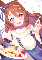 Rule 34 | 1girl, :d, animal ears, artist name, blue bow, blue eyes, bow, breasts, brown hair, commentary request, ear bow, food, fork, highres, holding, holding fork, holding plate, horse ears, horse girl, horse tail, large breasts, long hair, looking at viewer, open mouth, pancake, plate, simple background, smile, solo, super creek (umamusume), sweater, tail, umamusume, white background, white sweater, yamazaki mihiro