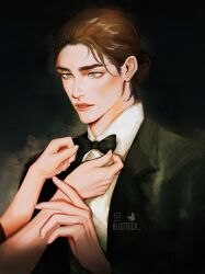 Rule 34 | 1boy, 1other, absurdres, adjusting bowtie, adjusting clothes, artist name, black bow, black bowtie, black jacket, black suit, blustock, bow, bowtie, brown hair, commentary, eren yeager, formal, green eyes, highres, jacket, male focus, parted lips, portrait, shingeki no kyojin, short ponytail, suit, symbol-only commentary, traditional bowtie, tuxedo, watermark