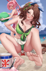 Rule 34 | 2girls, absurdres, animal, animal ears, arm at side, arm behind back, ball, barefoot, beach, beachball, bikini, bikini skirt, blush, breast press, breasts, brown eyes, brown hair, cleavage, cloud, collarbone, crab, day, facing another, fallen down, food, haru urara (umamusume), headband, highleg, highres, holding, holding ball, holding beachball, horse ears, horse girl, horse tail, king halo (umamusume), knee to chest, knees up, large breasts, long hair, looking at object, multiple girls, ocean, one eye closed, outdoors, pink hair, sand, shaved ice, sitting, sky, smile, soles, stomach, swimsuit, tabunshake, tail, tearing up, toes, umamusume, unhappy, v-shaped eyebrows, water, wince