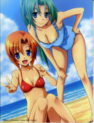 Rule 34 | 00s, 2girls, :d, asymmetrical bangs, barefoot, beach, bent over, bikini, blue eyes, blue one-piece swimsuit, blue sky, blush, breasts, card (medium), casual one-piece swimsuit, cleavage, cloud, cloudy sky, day, dutch angle, female focus, frilled swimsuit, frills, green hair, hand on own hip, hand on own knee, high ponytail, highres, higurashi no naku koro ni, knees together feet apart, large breasts, light smile, long hair, looking at viewer, multiple girls, o-ring, o-ring bikini, o-ring top, ocean, official art, on ground, one-piece swimsuit, open mouth, orange hair, outdoors, outstretched arm, parted bangs, ponytail, print swimsuit, rato, red bikini, rounded corners, ryuuguu rena, scan, short hair, sitting, sky, small breasts, smile, sonozaki mion, strap pull, swimsuit, v, very long hair, water, watermark