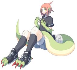 Rule 34 | 4138, blush, claws, dragon girl, dragon tail, expressionless, hair ornament, hairclip, highres, monster girl, original, pink hair, shoes, shorts, simple background, tail, white background, yellow eyes